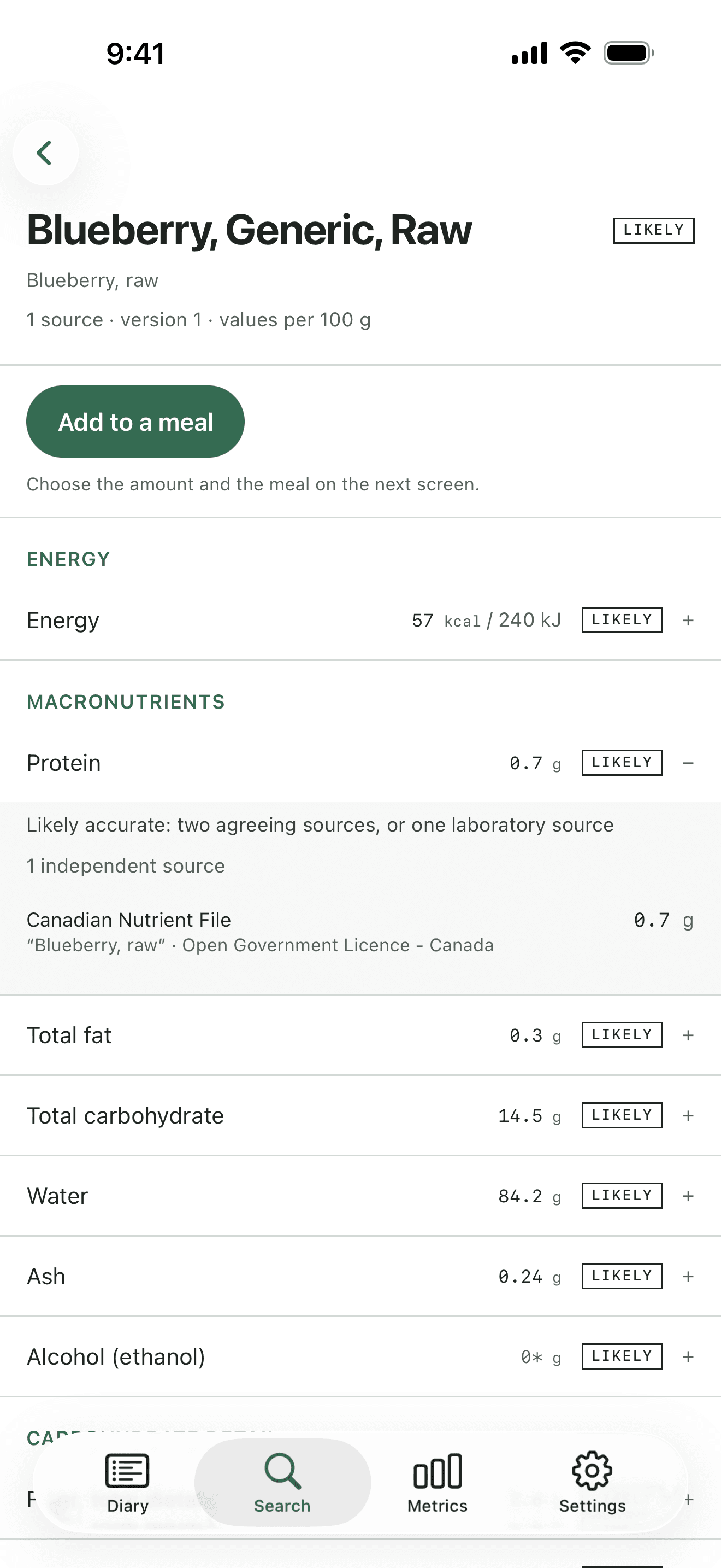 A blueberry nutrient expanded to show its source and confidence information